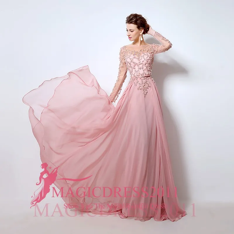 Burgundy Navy Pink Prom Dresses Illion長袖フォーマルパーティーガウン2019スペシャル機会ドレスAラインジュエル真珠の真珠の真珠の真珠