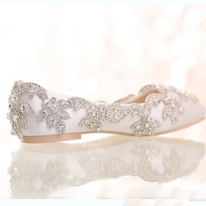 White Satin Diamond Wedding Shoes Flat Heel Women Rhinestone Bride Shoes Handmade Fashion Formal Dress Shoes