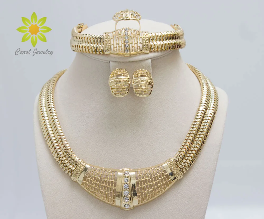 Free Shipping 18k Gold Filled Dubai African White Austrian Crystal Necklace Bracelet Earring Ring Wedding/Bride Jewelry Set