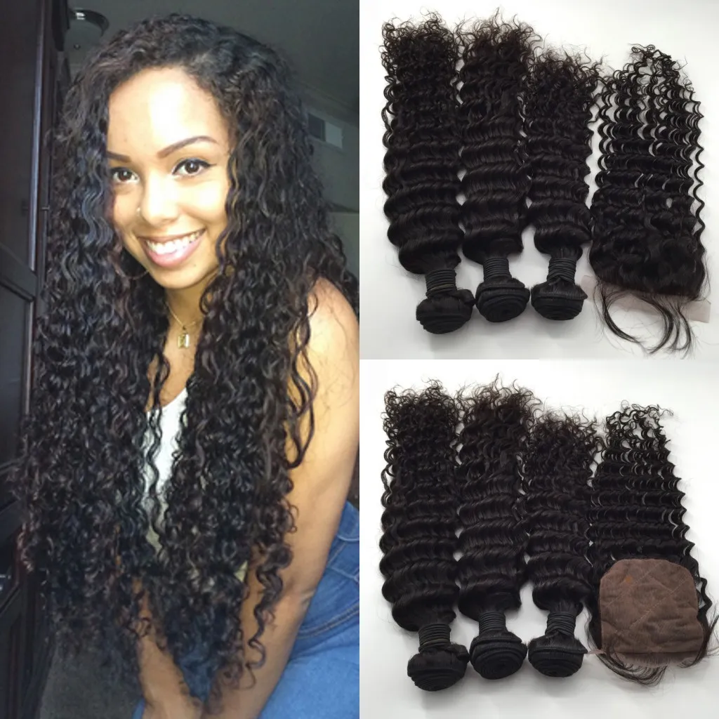 Free Middle 3 Way Part Silk Base Lace Closure (4x4) With Virgin Peruvian Wet And Wavy Human Hair Bundles Natural Color 4pc Lot