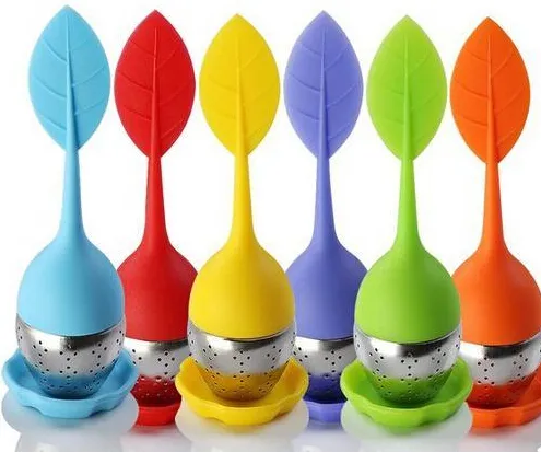 50st Tea Infuser Silicone Tea Silter Rostfritt Stål Väska Spoon Strider Filter Fisk Te Potte Infuser Mesh Ball 5cm med silikonbladslock