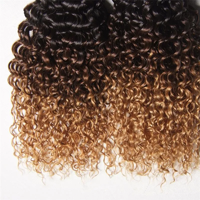 Betyg 9a Peruvian Virgin Hair Kinky Curly Weaves Tre 3 Tone 1B 4 27 Honung Blondin Ombre Mänskliga Hårförlängningar 3 Bundlar 