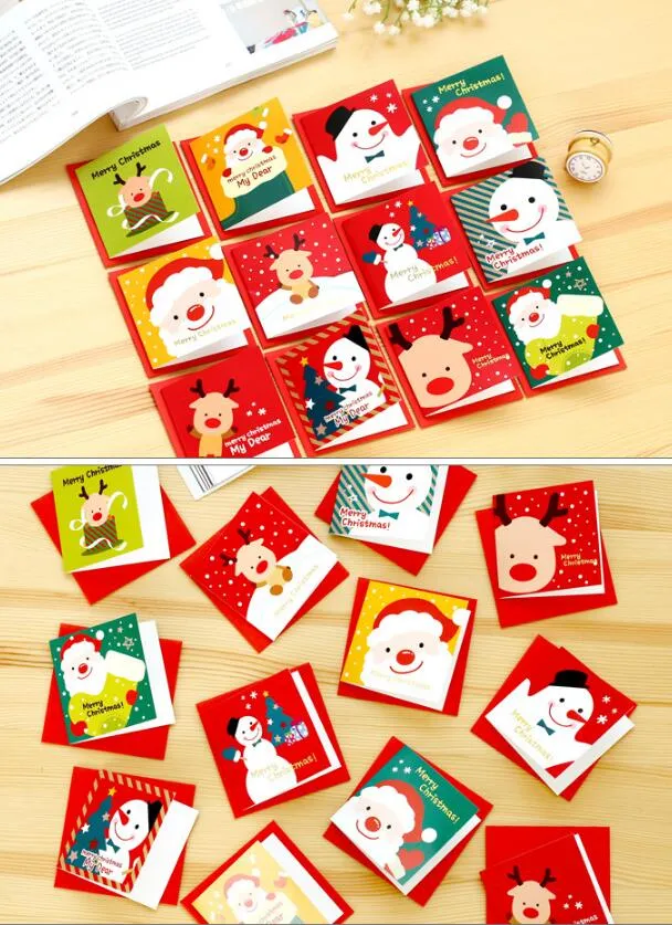 12 pçs / lote Bonito Dos Desenhos Animados Cartão De Natal Mini Cartão de Saudação Define Mensagem Bênção Cartão com Envelopes