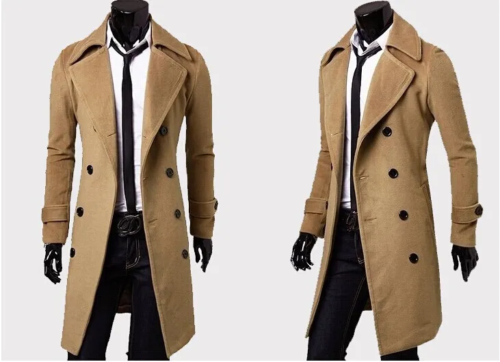 Hot Sale 2015 Ny Varumärke Vinter Mens Long Pea Coat Men's Wool Coat Slå ner Krage Dubbelbröst Män Trench Coat England Wind