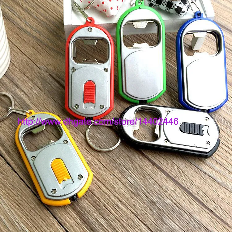 Fast DHL Free shipping 100pcs 3 in 1 Beer Can Bottle Opener LED Light Lamp Key Chain Key Ring Keychain Mixed colors