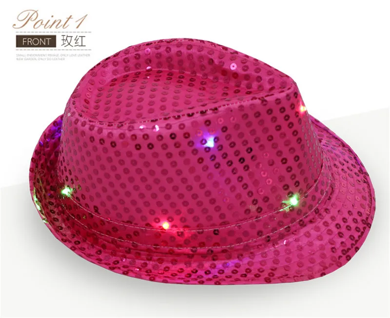 Newest !Fashion Sequins Jazz hats with LED light TOP hats for men & women Sequins Performance cowboy cap props for Christmas party