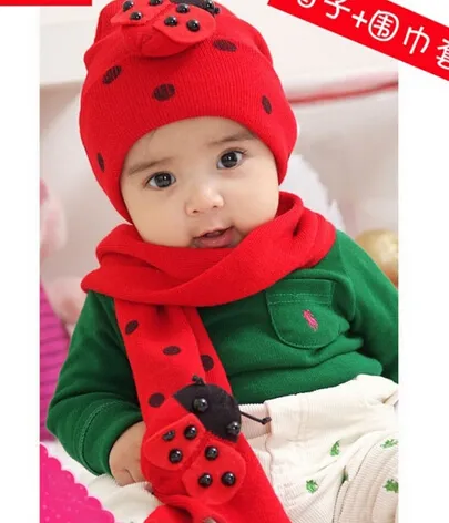 bellissimo set sciarpa e cappello da uomo bambini berretto invernale + sciarpa da 80 cm 2 pezzi set moda regalo di natale coccinella colore rosso cotone 5 pz / lotto YQS-Y27508