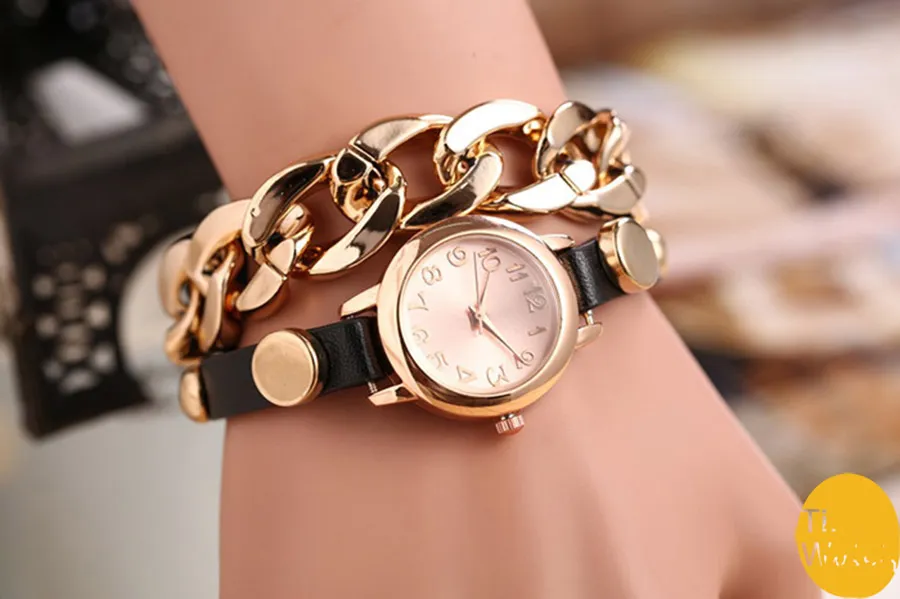 2015 New women vintage leather strap watches.Metal chain bracelet dress watch,fashion ladies wristwatch,drop-shipping