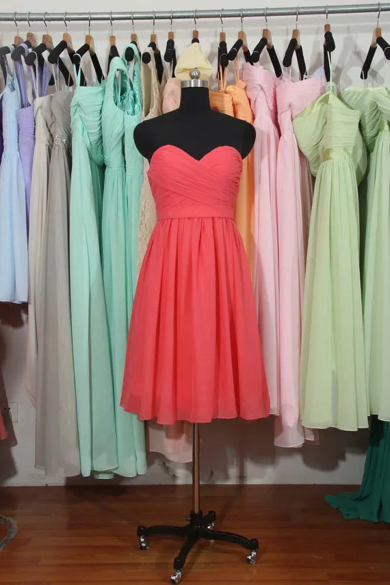 Real Photo Sweetheart Neckline Coral Chiffon Bridesmaid Dress Under 50 Bridesmaid Gowns From