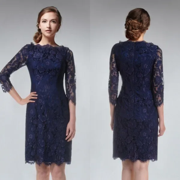 Dark Blue Sheath Simple Bridemaid Dresses Bateau 3/4 Długie Rękaw Suknie Druhna Maid of Honor Suknie Krótka Sukienka Koronkowa Zipper