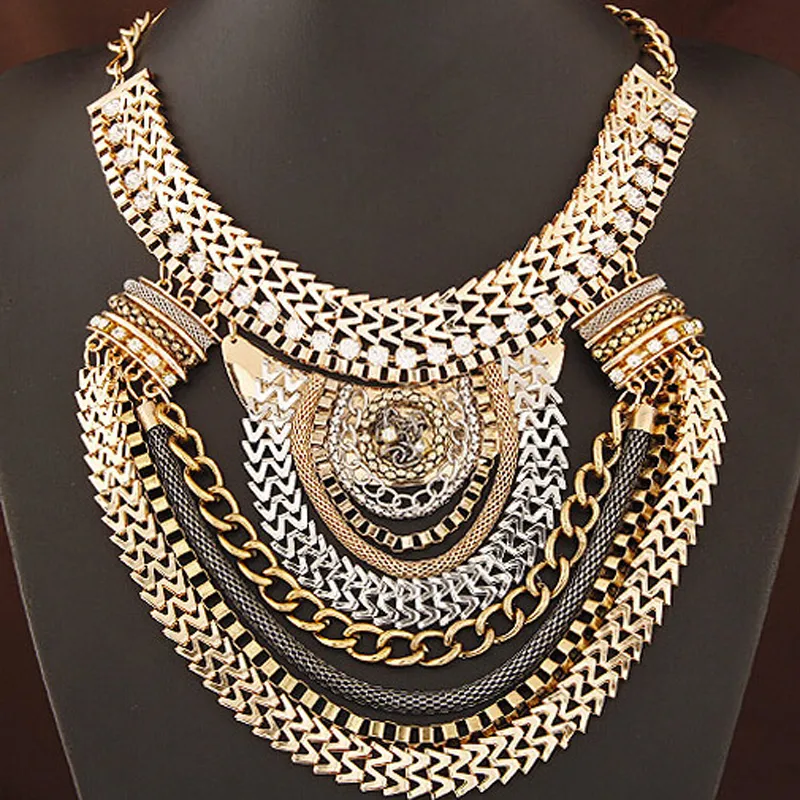 2015 Vintage Gold Plated Metal Chain Statement Necklace Women Costume ...