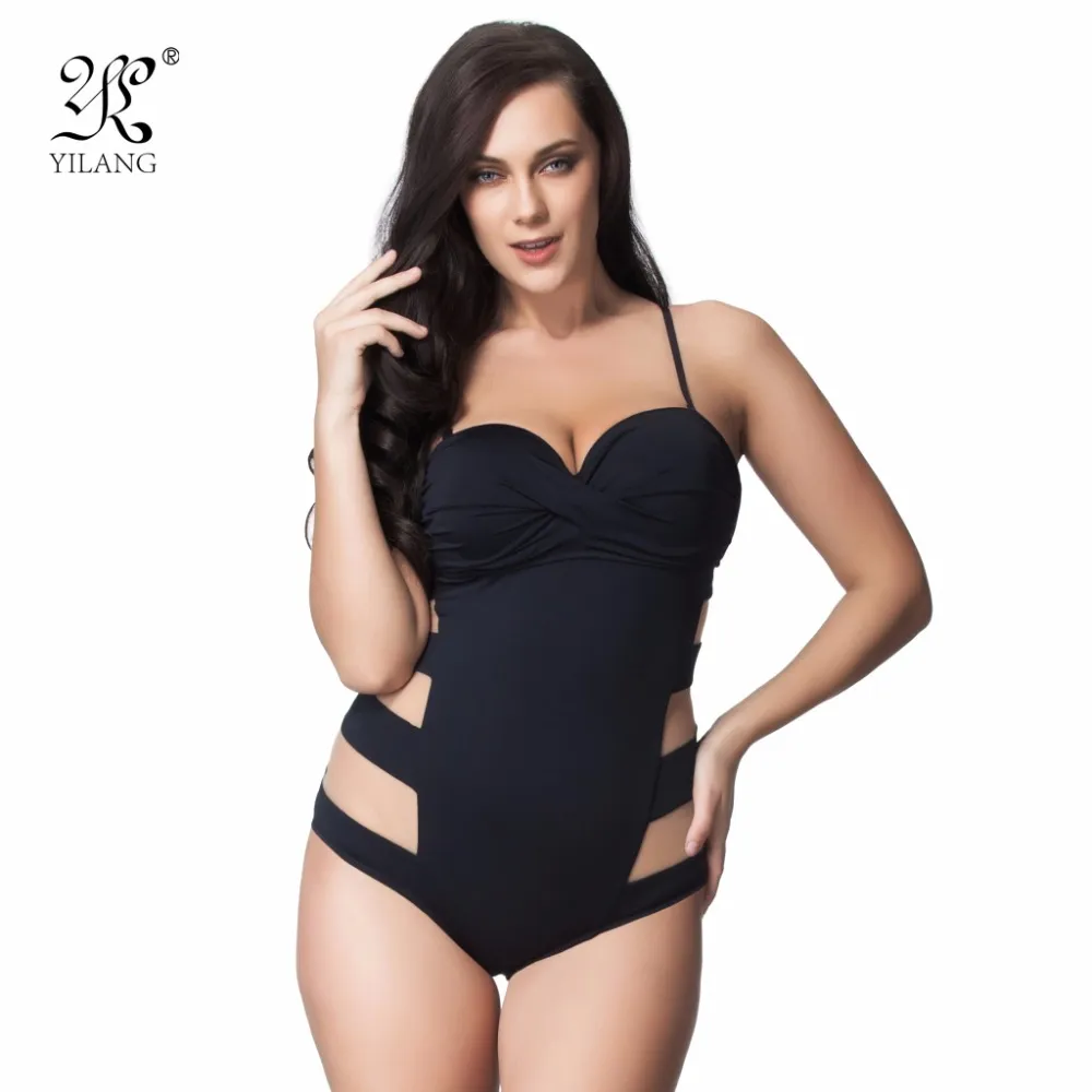 Wholesale- Sexy Transparent Mesh Plus Size Swimwear Women One Piece Bandeau Swimsuit Push Up Bathing Suit High Cut Backless Monokini 6XL