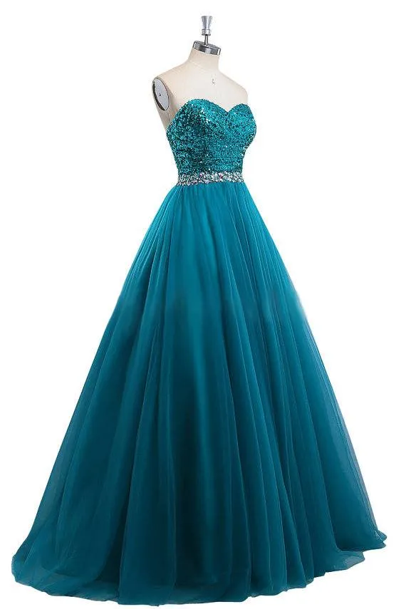 Abiti da sera formali 2021 Teal Blue Prom Dresses Lunghi paillettes Perline Cocktail Party Prom Dress Abiti da ballo Una linea robes de soiree3338