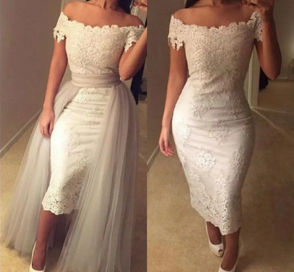 Omuz Dantel Çay Boyu Gelinlik Aplikler Kılıf Bodycon Gelin Elbiseleri Ile Gümüş Oranlar Ruffles Vintage Gelinlikler