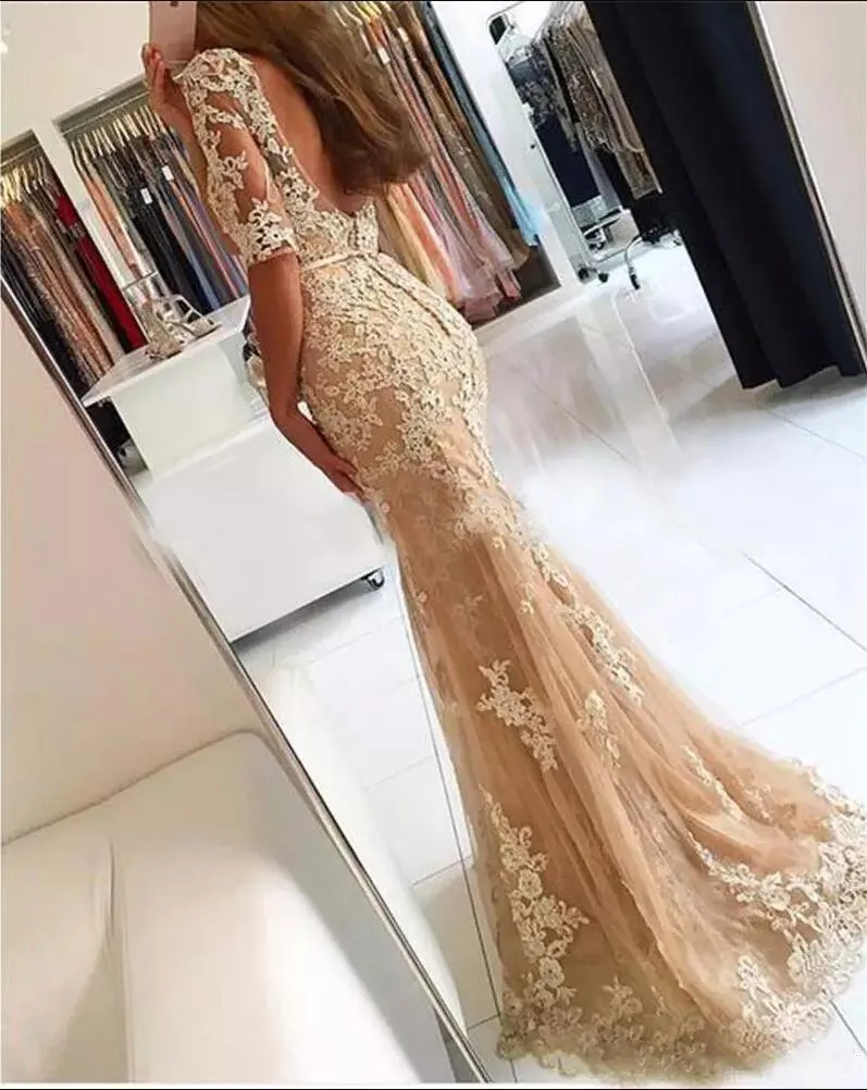 New Listing Elegant Champagne Mermaid Prom Dresses Sexy Tulle Backless Illusion Sleeves Evening Dress Long Formal Gowns