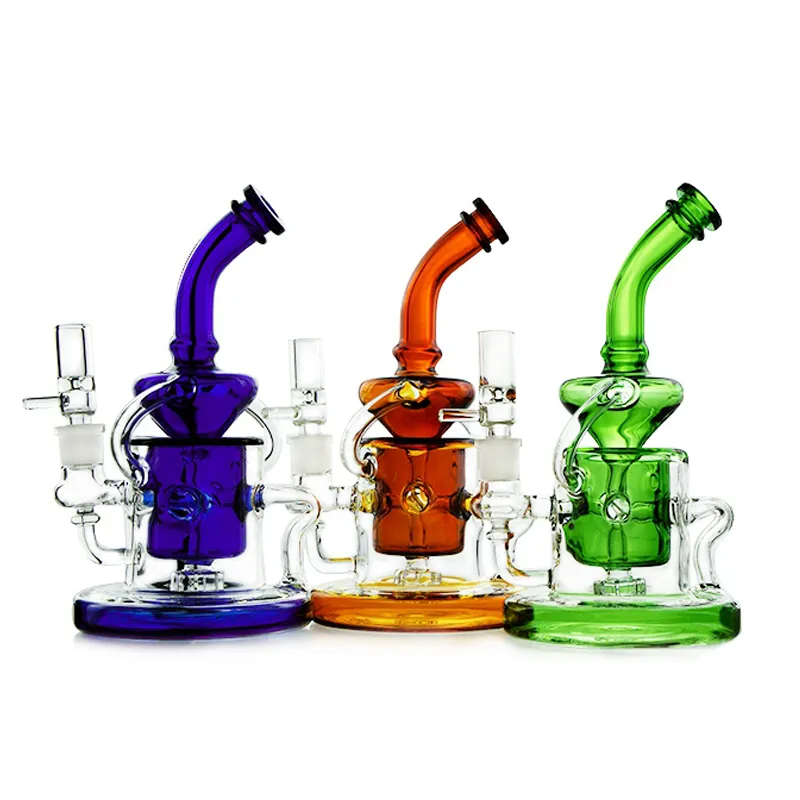 Bunte Klein Recycler Glasbongs, grün, blau, bernsteinfarben, Heady Oil Dab Rig, Duschkopf, Perkolator, Perc-Wasserpfeifen, Bongs mit schwerem Boden und Schüssel