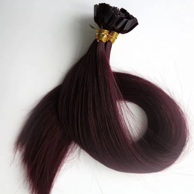 200G 200Strands Pre Bonded Flat Tips Hair Extensions 18 20 22 24Inch # 99J / Rödvin Brasiliansk Indisk Remy Keratin Mänskligt Hår
