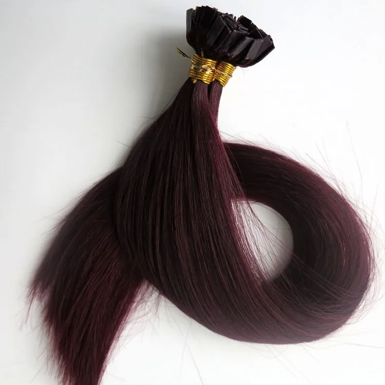 200g 200strands Pre Conded Flat Tip Hair Extensions 18 20 22 24 cali # 99J / czerwone wino Brazylijski Indian Remy Keratyn Human Hair