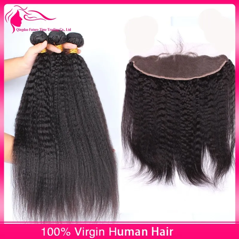 9A Mongol Kinky Straight 13x4 Cierre frontal de encaje con 3 paquetes 4 piezas / lote Italiano grueso Yaki Virgen Cabello humano teje con frontales