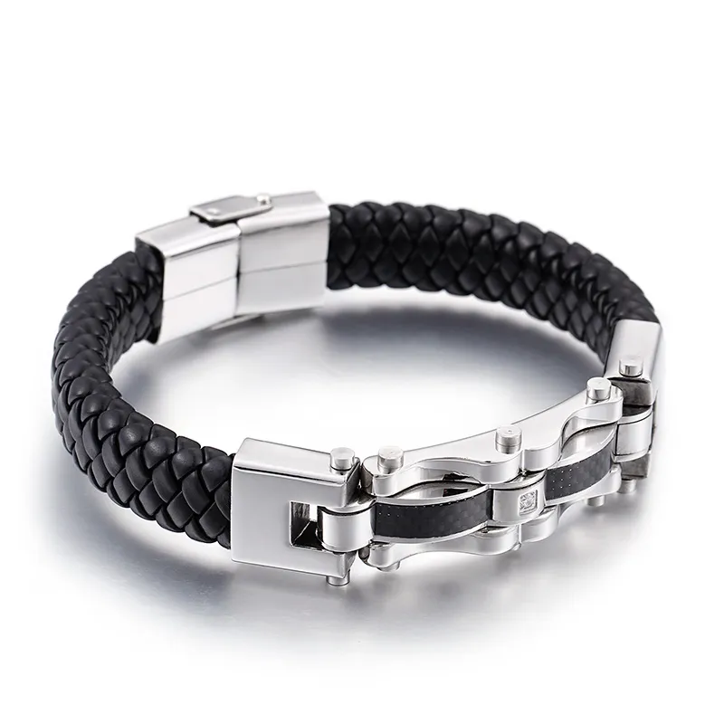 Choisissez la couleur GNAYY promotion Bracelet en acier inoxydable avec cristaux Bracelet en cuir véritable grand énorme 15mm 8.66 '' 47g poids cadeaux