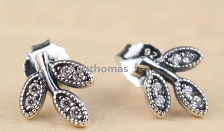 925 Sterling Silver Sparking Leaves Stud Örhängen med Clear Cubic Zirconia Passar European Pandora Style Charms Smycken