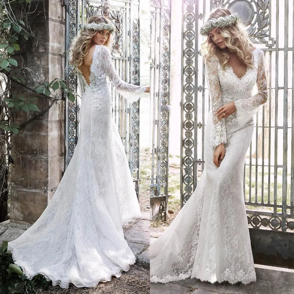 D blanc fleur dentelle sirène dos nu robes De mariée col en V manches longues balayage Train Applique Robe De mariée Robe De Mari e rss