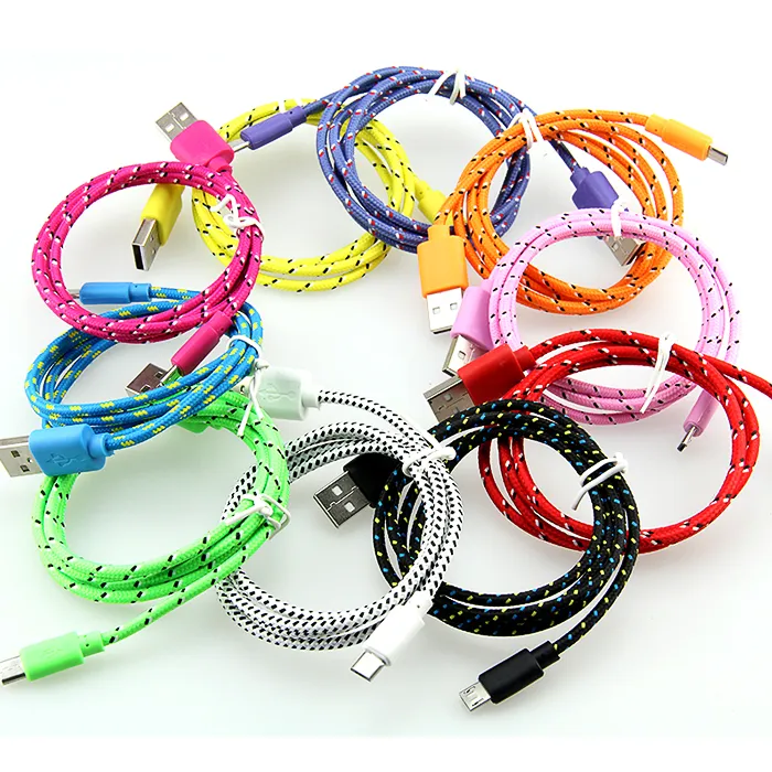 3M 10ft 2m 6FT 1M 3FT Tkanina Pleciona Nylon Data Sync USB Kabel Ładowarka Ładowarka Coloful do telefonu komórkowego