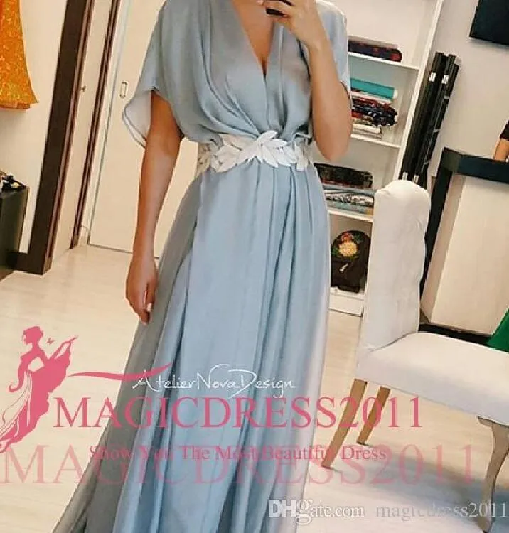 Elegant Sky Blue Aftonklänningar 2019 A-Line V-Neck Kortärmad Chiffon Arabiska Prom Formella klänningar Skräddarsydda