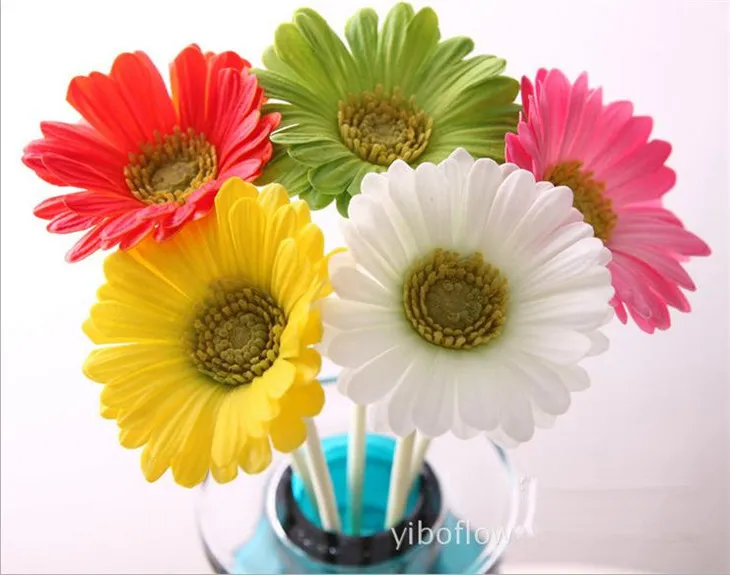 Real Touch PU Gerbera 45cm / 17.72 "Lengte Kunstmatige Simulatie Sun Chrysanthemum Enkele zonnebloem 5 kleuren voor bruiloftsbloem