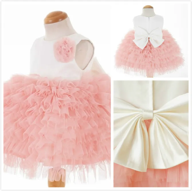 Real Prov Custom Made Flower Girl Dresses Cheap Little Pretty A Line Jewel Tiered Knee-Length Tulle Dress