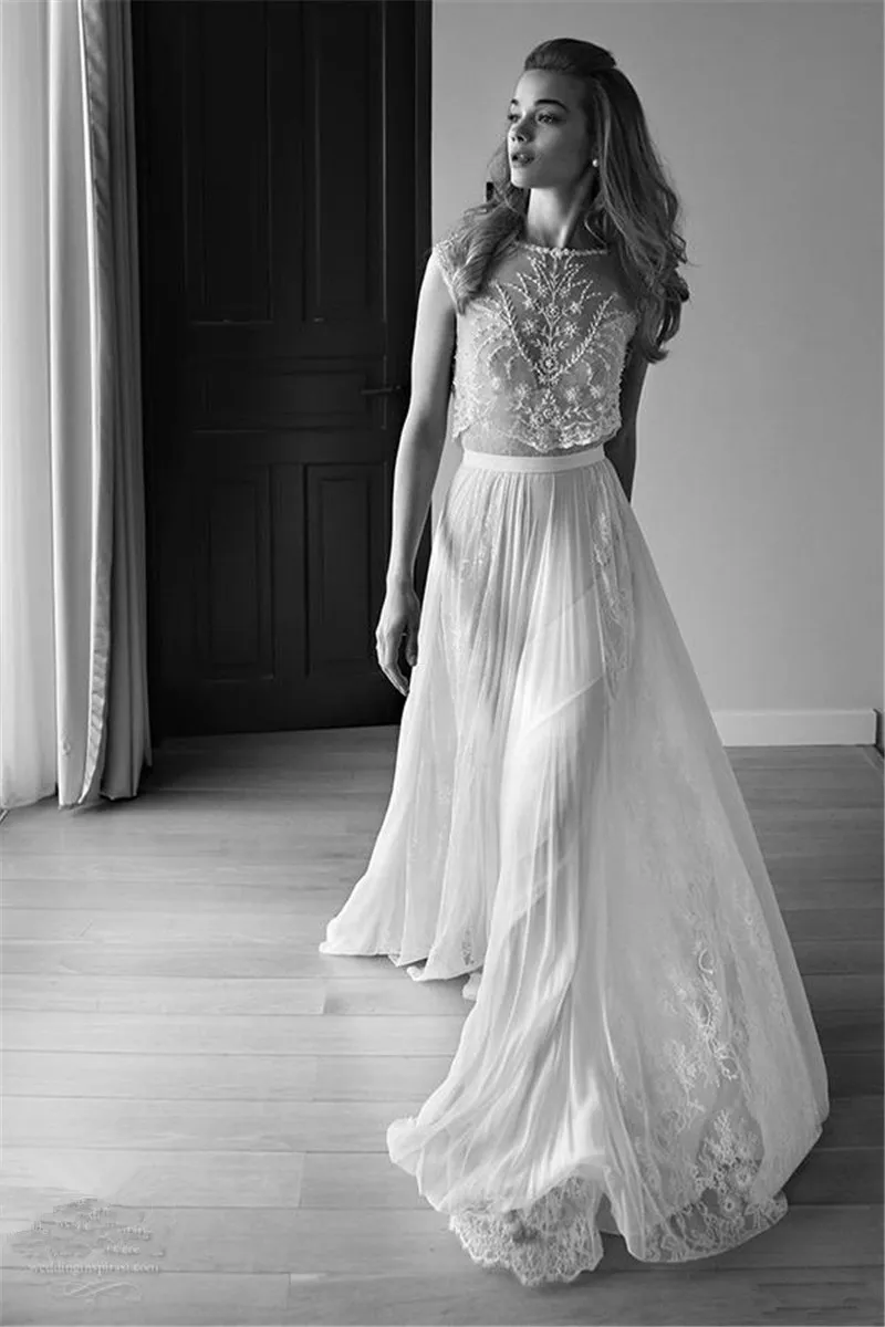 Lihi-HOD 웨딩 드레스 두 조각 등이없는 레이스 비즈 크리스탈 층 길이 맞춤 제작 보헤미안 신부 가운 비치 웨딩 드레스
