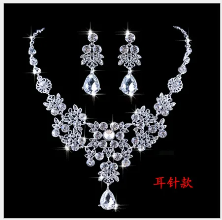 Teardrop Rhinestone Bridal Jewelry Sets Wedding Dress Jewelery Accessories Earrings Necklace,Ear Clip & Sautoir for Bride Red White