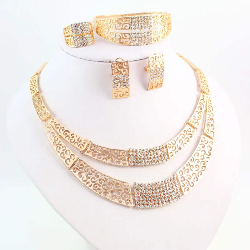 Set di gioielli Accessori da sposa moda Set di gioielli africani Set di orecchini con collana di strass in oro 18 carati Set di gioielli da sposa