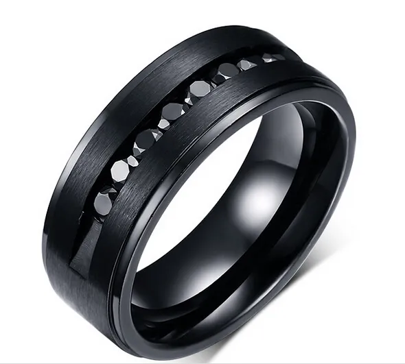 Helt ny ankomst Eleachately design Högkvalitativ 316L Rostfritt stål Mäns Black Finger Hoop Ring Charmig Drill Zircon 7-12 #