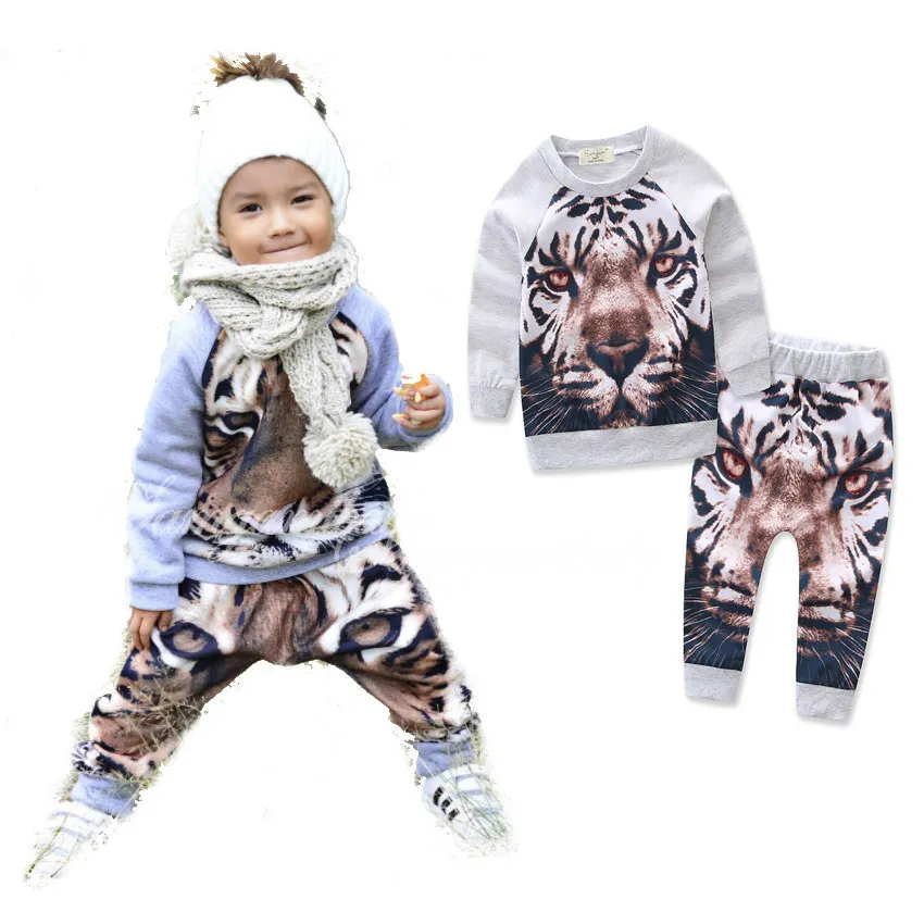 Moda Conjuntos de Roupas de Bebê Outono Inverno Criança Crianças Meninos Outfits Tigre Completo Impresso Sweater Pullover Tops + Calças 2 Conjuntos Outfits Para 0-24 M