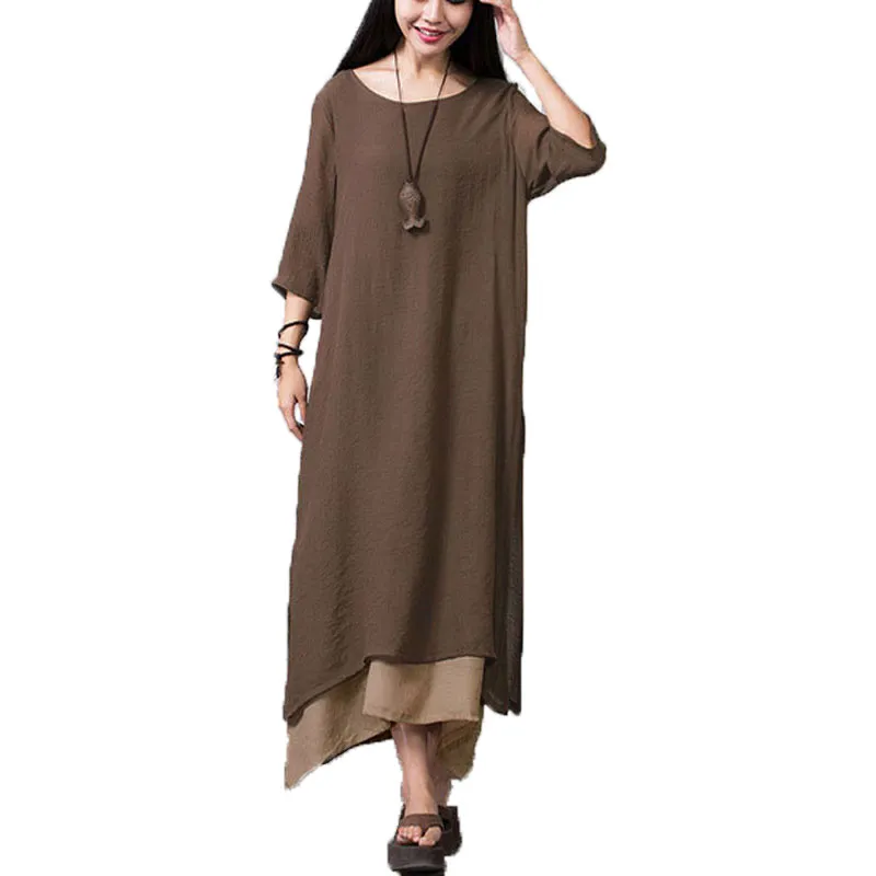 Wholesale-Fashion Cotton Linen Vintage Dress 2015 Summer Autumn Women Casual Loose O Neck Boho Long Maxi Dresses Vestidos Plus Size L-XXL