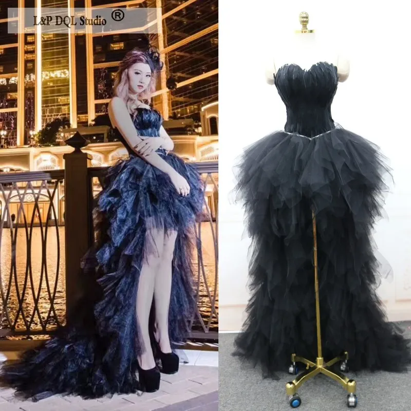 Sexy Hi Lo Black Feathers Evening Dresses Long Prom Gowns Sweetheart Sleeveless Lace-up with zipper back Shining Sash
