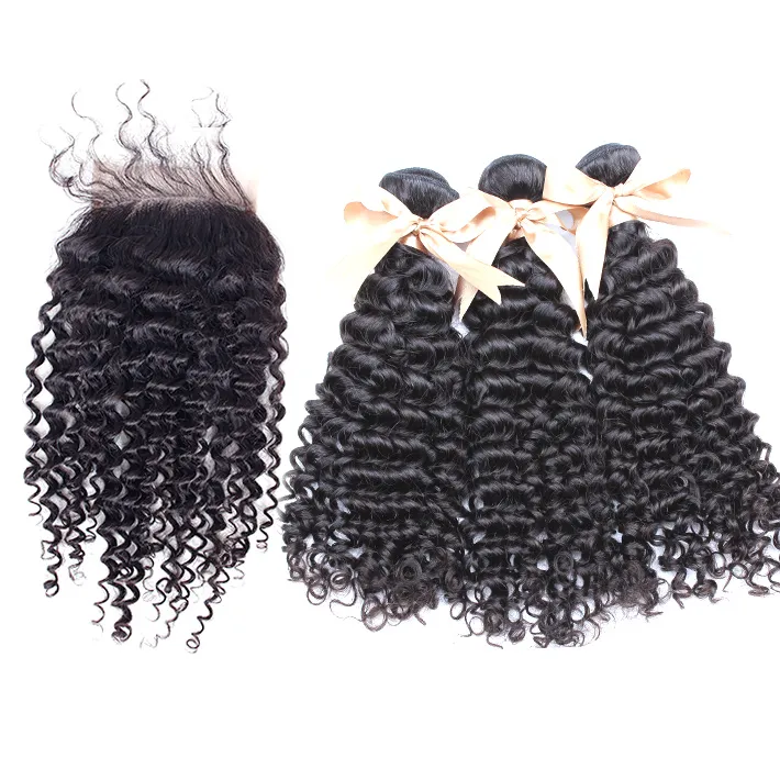 Bundle brésilien cheveux avec fermeture à lacet crépus bouclés tisse cheveux de vison Remy humain 3 pièces pas cher Extensions de cheveux 1p fermeture