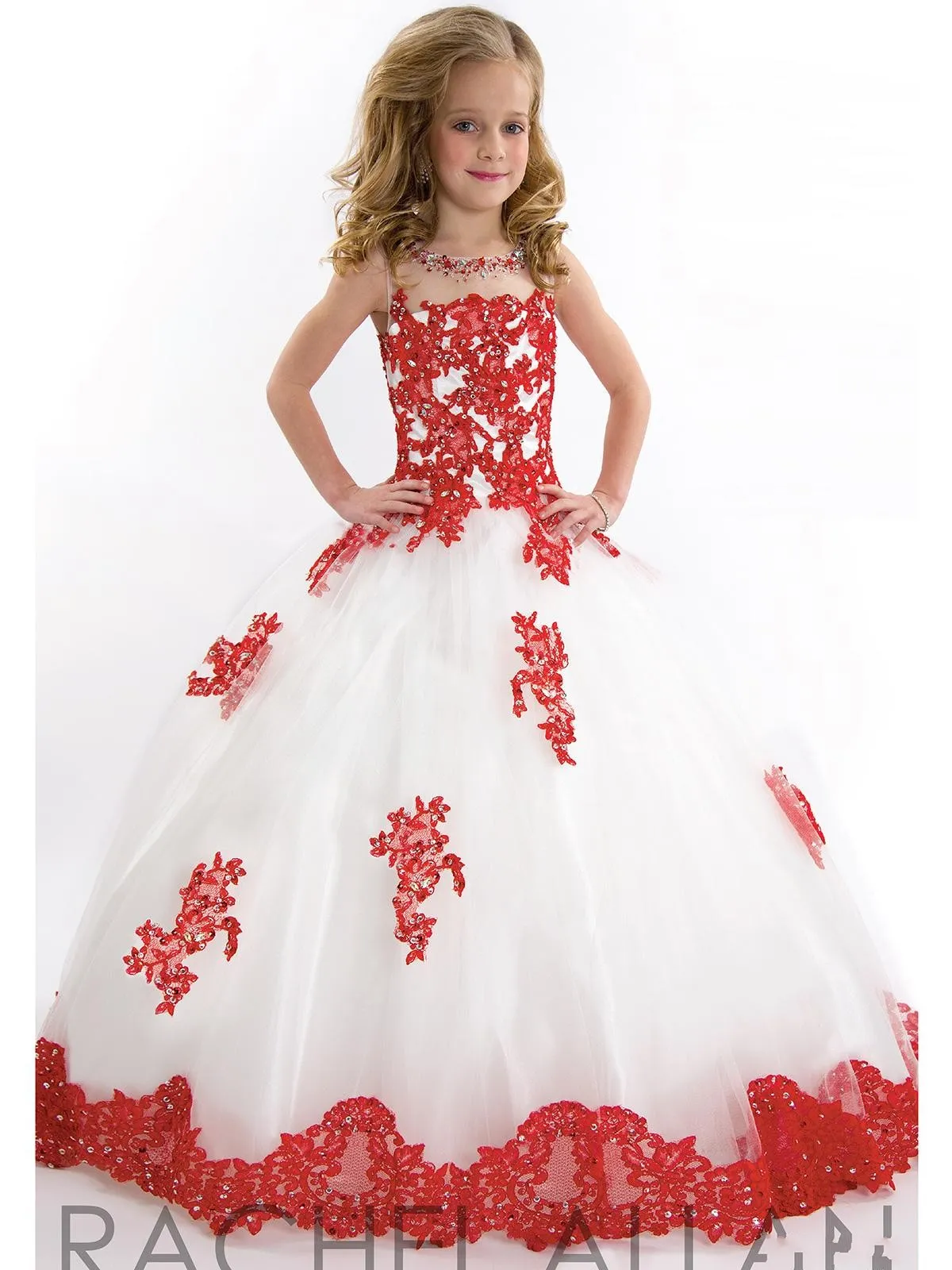 2019白と赤い花の女の子のドレス宝石首の床の長さのレースアップリキングガールズページェントドレスキッズウェディングドレ260o