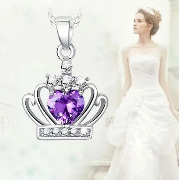 Solid 925 Silver Love Pendant Amethyst Crystal Charm Fit Necklace Jewelry Classic Crown Pendant Necklace gift drop shipping