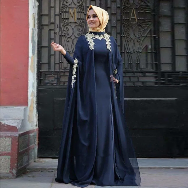 Navy Blue Dubai Evening Dress Elegant Long Sleeve Chiffon Prom Dresses High NecK Muslim Evening Gowns Applique Dresses Party Evening