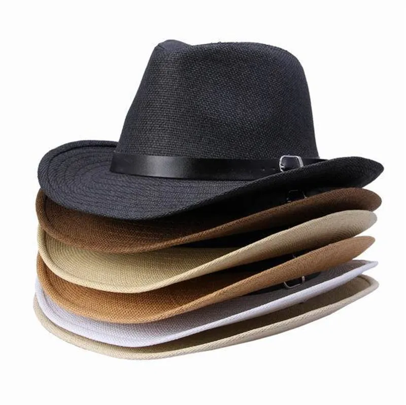 New Summer Solid Straw Hat with leather Belt Designer Cowboy Panama Hat Cap 6pcs/lot Free Shipping