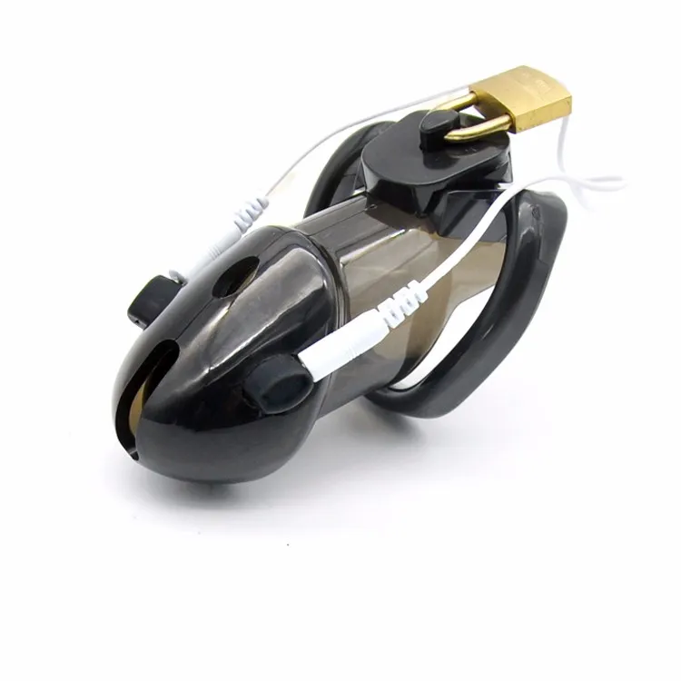 Male Chastity Device Top quality PU Electric Shock Chastity Cage Electric Shock Stimulate Cock Cage Penis Ring Lock Sex Toy