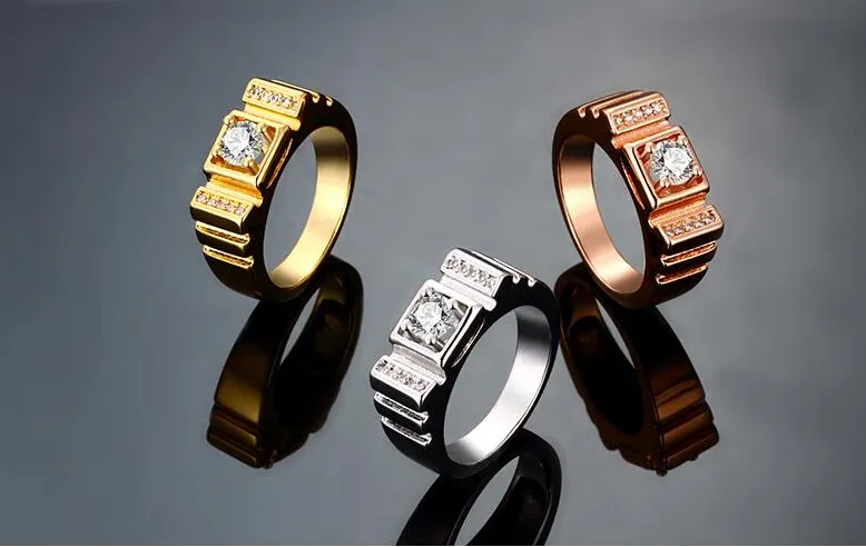 2015 The new Noble K gold gentleman contracted geometric zircon fashion personality men Ring Gold/rose gold/perkin Size US8 US9 US10 10pcs
