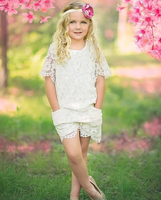 Vêtements pour tout-petits bébé enfants filles tenues de dentelle solides à manches courtes princesse T-shirts shorts de poche pantalon de dente