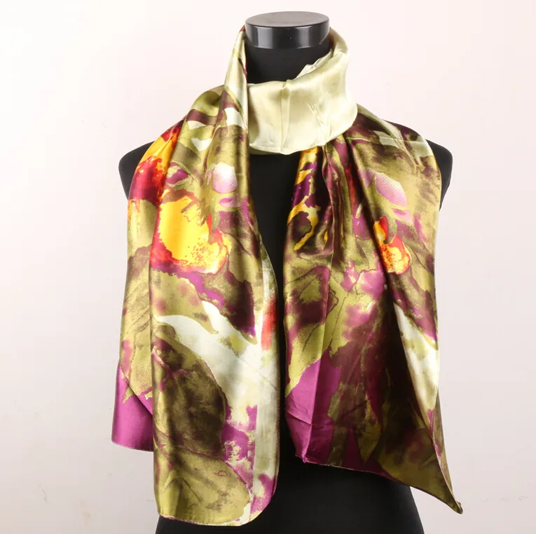 1 Sztuk Zielone Liście Plum Złoty Kwiaty Damska Moda Satyna Malarstwo Olej Olejowy Długi Wrap Szal Beach Silk Scarf 160x50 CM