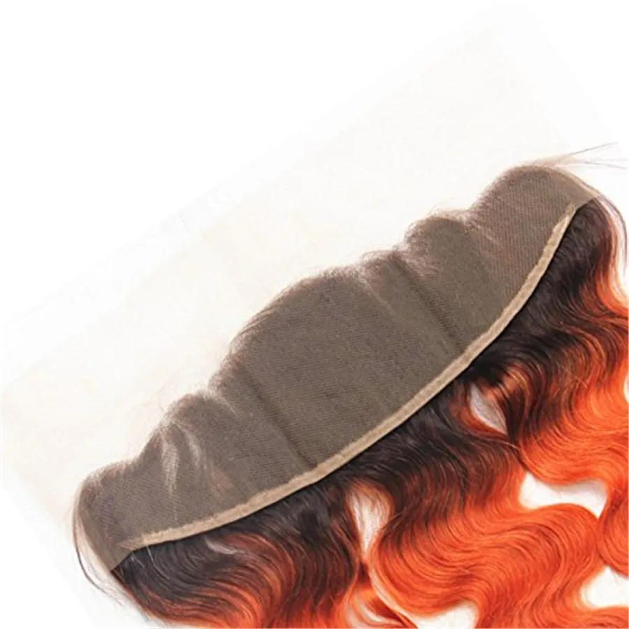 Två tonfärg Mänskligt hår Orange Ombre Lace Frontal Closure T1b 350 Orange Body Wave Peruvian Virgin Hair 3 buntar med frontal