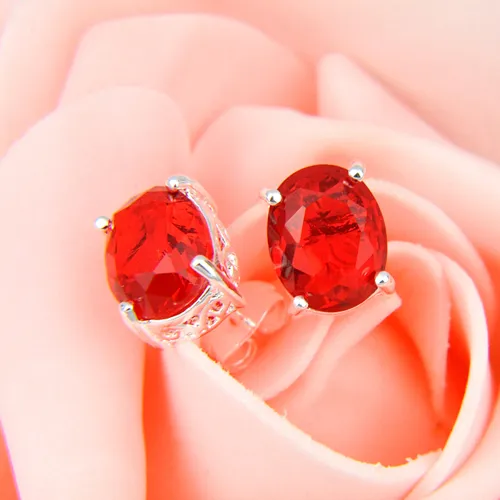 6 pares Luckyshine Magnífico ovalado brillante gemas de cuarzo rojo 925 aretes chapados en plata esterlina Rusia Canadá Aretes joyería E0112