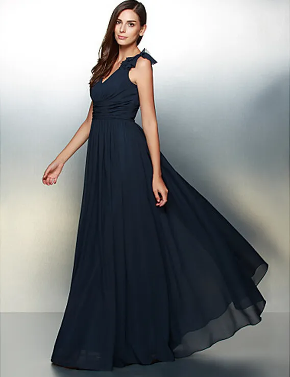 Formal Dark Navy A-line V-neck Floor-length Bridesmaid Dress Chiffon Sleeveless Formal Evening Dress