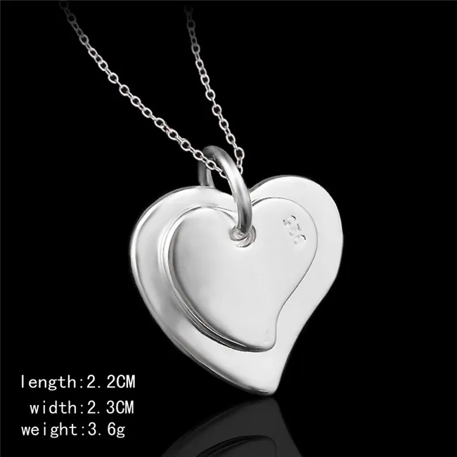 Cheap fashion jewelry 925 sterling silver double heart pendant necklace Valentine's Day gift for girls 